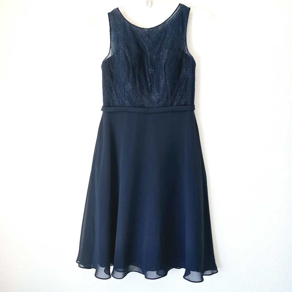 Azazie Navy Floral Lace Dress Women's Sz 10 Whimsy Fairy Bridal Party Sheer Y2k